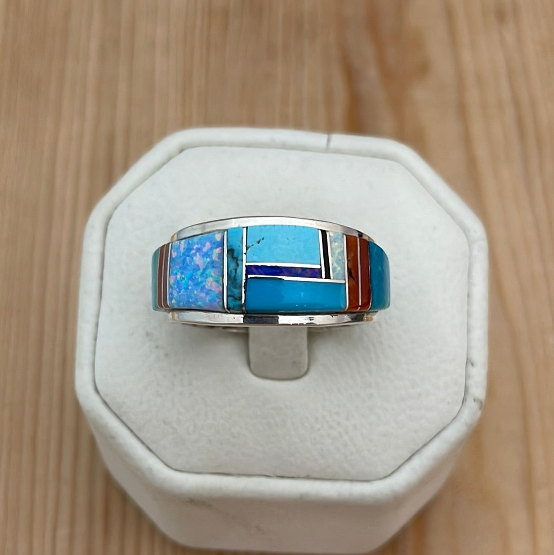 Sleeping Beauty Turquoise, Opal, & Coral Inlay Ring-9.5