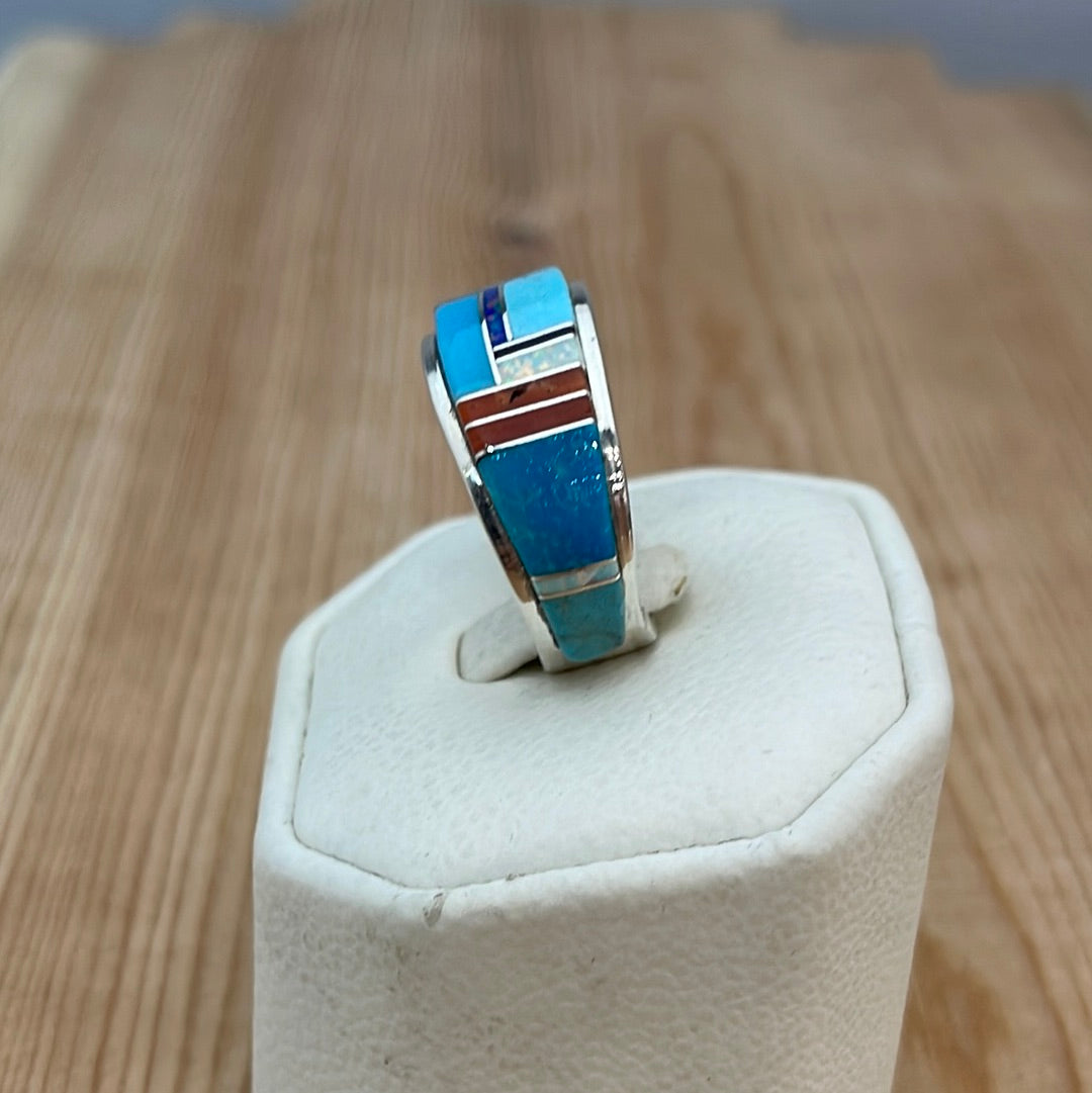 Sleeping Beauty Turquoise, Opal, & Coral Inlay Ring-9.5