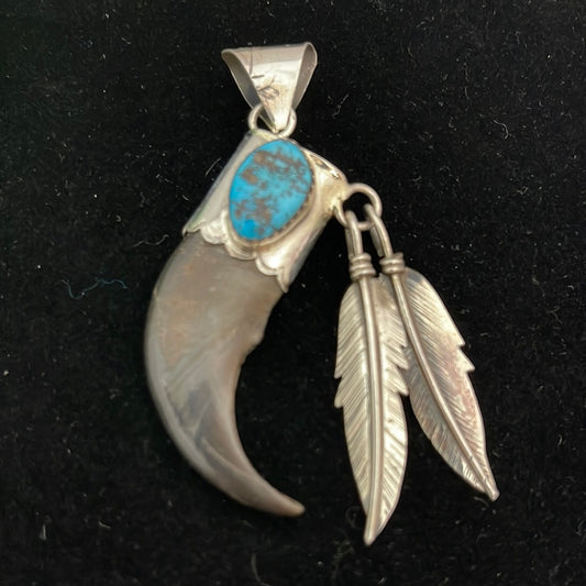 Real Bear Claw with Sleeping Beauty Turquoise in Silver Pendant