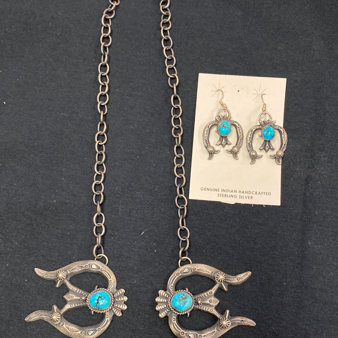 Native American made squash blossom set with matching earrings by Kevin Billah
