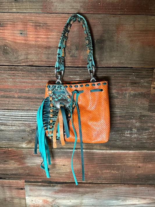 Orange Leather Purse with Turquoise Feaux Gator Print