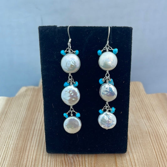 Freshwater Pearl & Sleeping Beauty Turquoise Hook Earrings