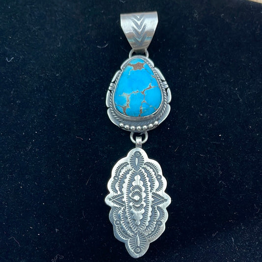 Egyptian Turquoise with Drop Stamped Silver on a Pendant