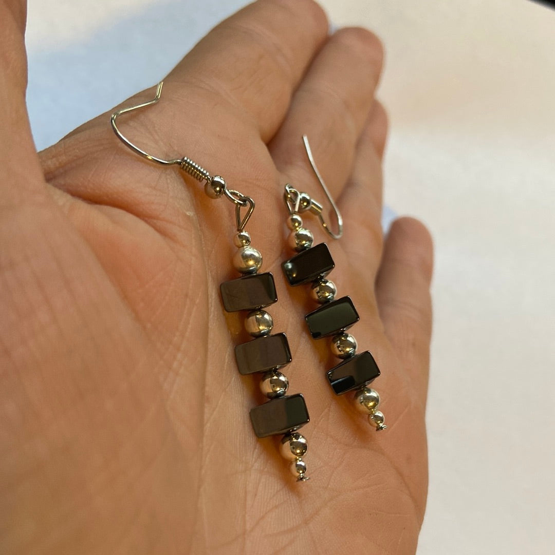 Hematite and Silver Beads on Hook Dangle Earrings