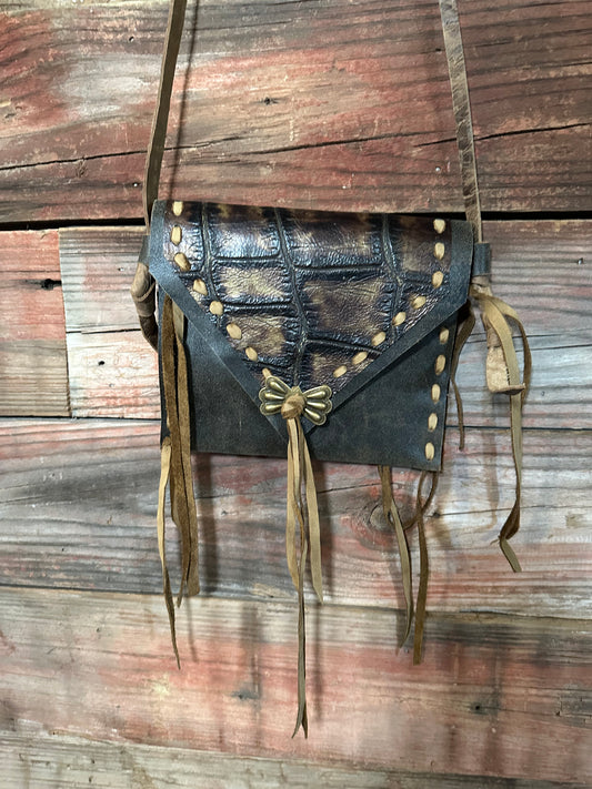 Dark Brown Leather Purse with Tan Fringe