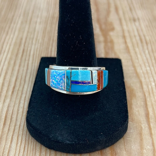 Sleeping Beauty Turquoise, Opal, & Coral Inlay Ring-9.5