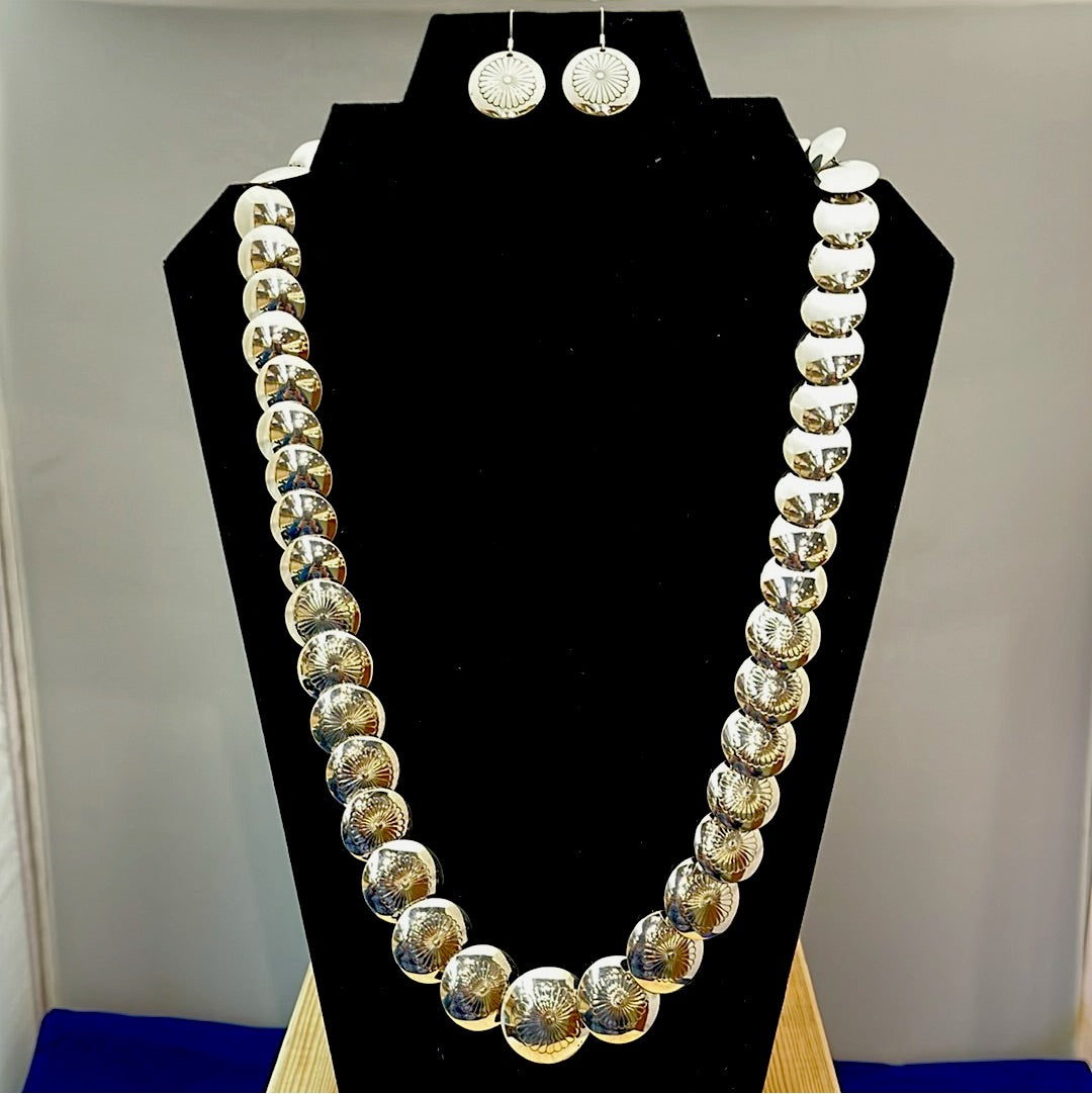 Silver Pillow Bead Necklace 25.5" & Earrings Set