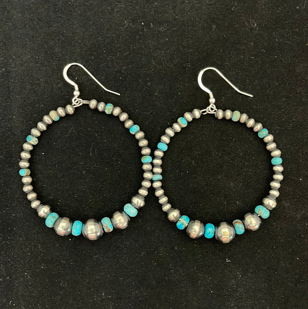 Graduated Navajo Pearl & Turquoise Hoop Hook Earrings