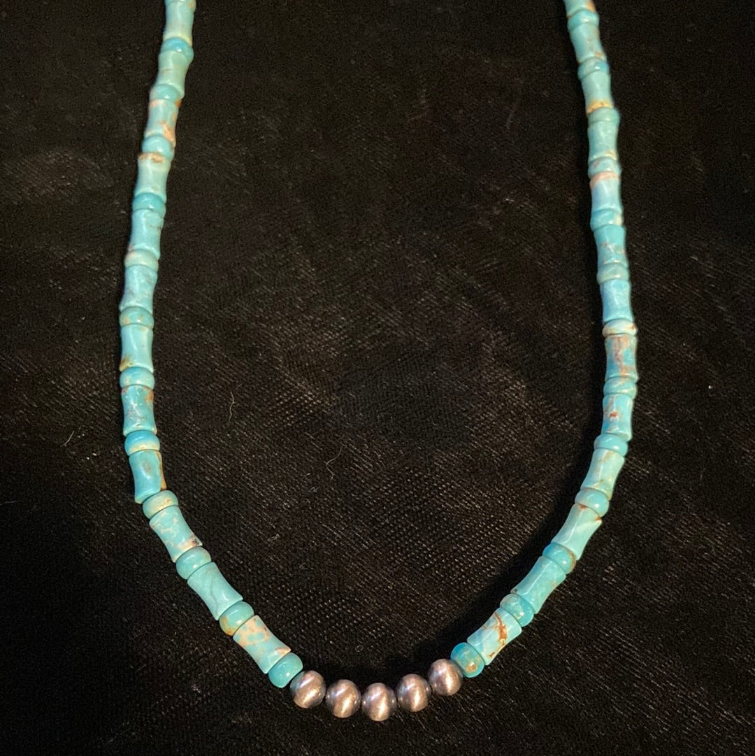 17" Turquoise Necklace with Bamboo Cut Beads