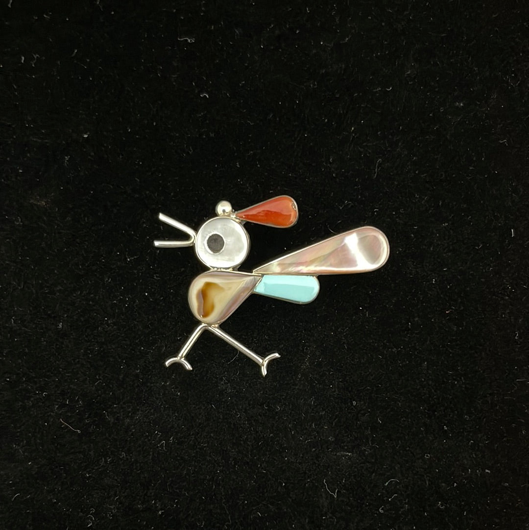 Mother of Pearl, Coral, Black Jet, and Sleeping Beauty Turquoise Inlay on a Roadrunner Pin/Brooch/Pendant