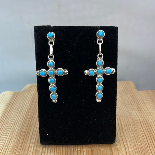 Sleeping Beauty Turquoise Post Dangle Cross Earrings