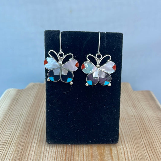 Mother of Pearl, Black Jet, Turquoise and Coral Butterfly Hook Earrings