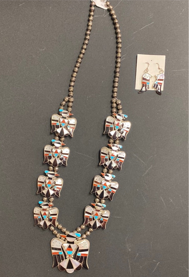 Squash Blossom Style Necklace with Matching Earrings by Bobby & Corraine Shack, Zuni