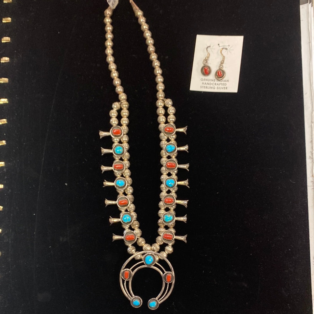 Native American made turquoise and coral squash blossom set