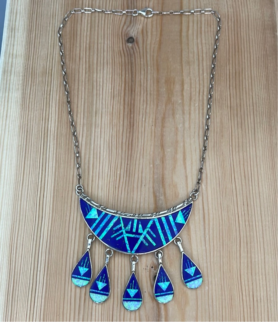 Vintage Lapis & Opal Inlay 16" Necklace