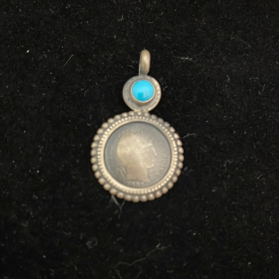 1907 Silver Dime with Sleeping Beauty Turquoise Pendant