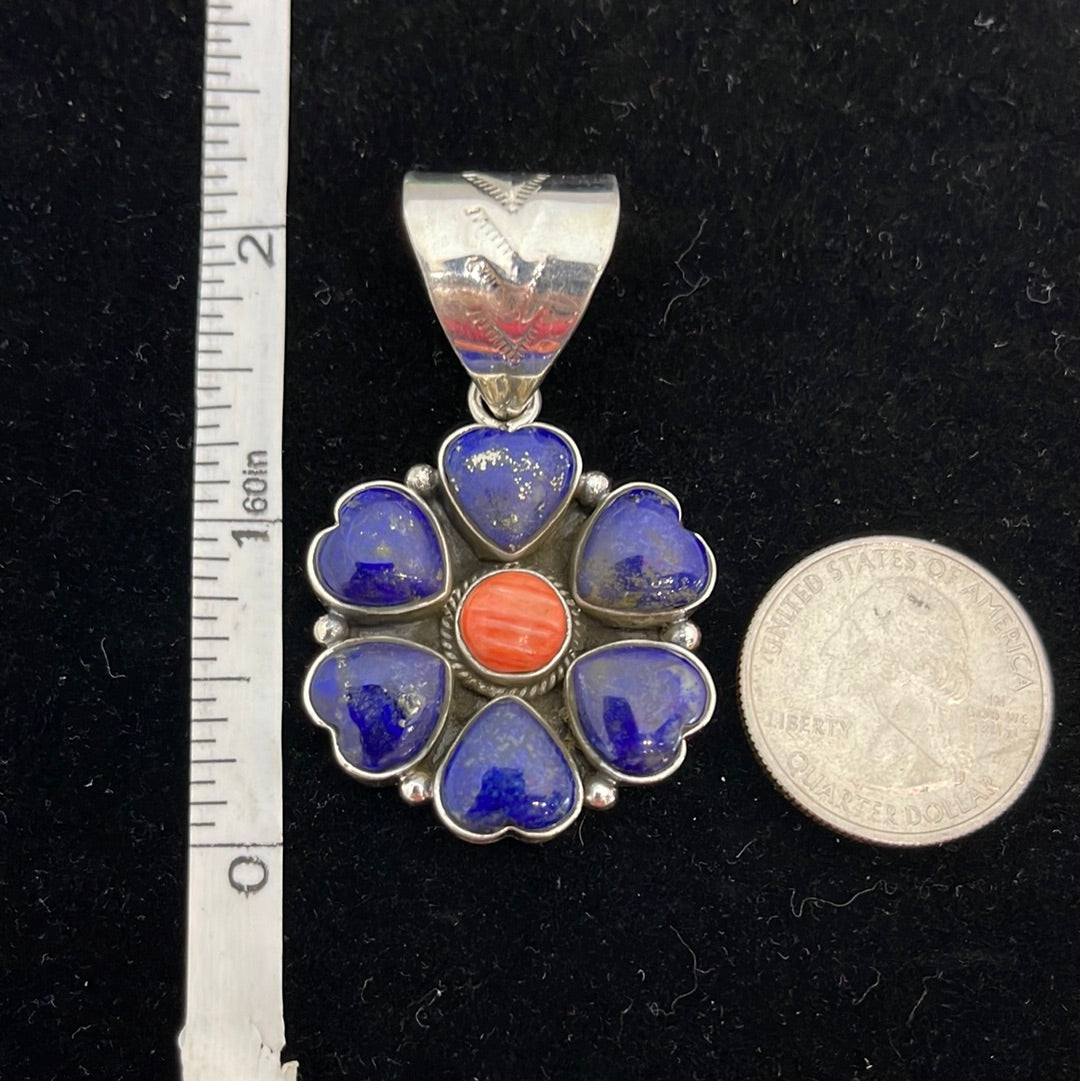 Lapis and Spiny Oyster Flower Pendant